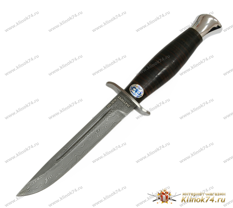 Нож Финка-2 (Дамаск ZDI-1016, Наборная кожа, Нержавеющая сталь, Алюминий) фото-01