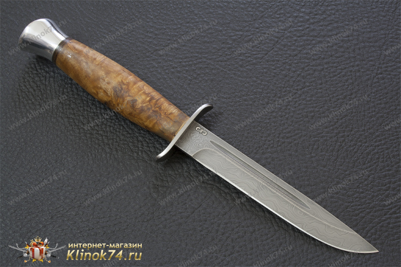 Нож Финка-2 (Дамаск ZDI-1016, Карельская берёза, Нержавеющая сталь, Алюминий)