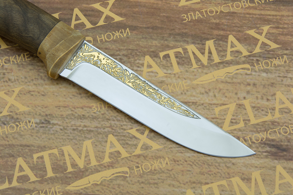 Нож Лиса подарочный (40Х10С2М, Берёзовый кап, Текстолит, Золочение клинка)