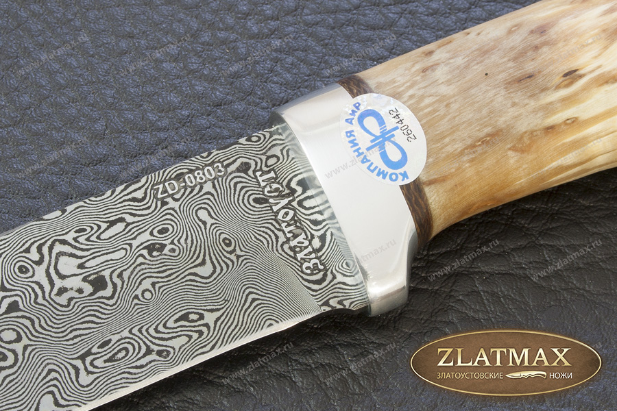 Нож Лиса (Дамаск ZD-0803, Карельская берёза, Алюминий)