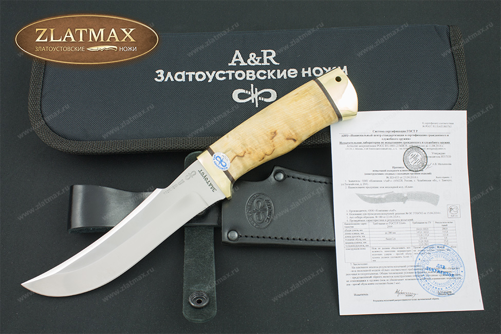 Нож Клык (D2, Карельская берёза, Латунь)