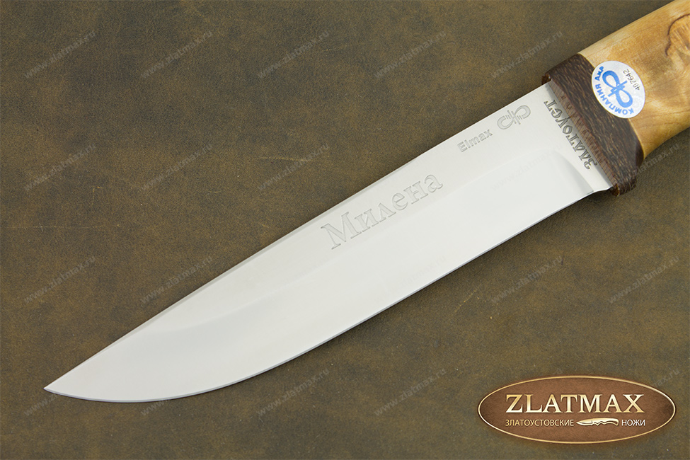 Нож Лиса с гравировкой (ELMAX, Карельская берёза, Текстолит)