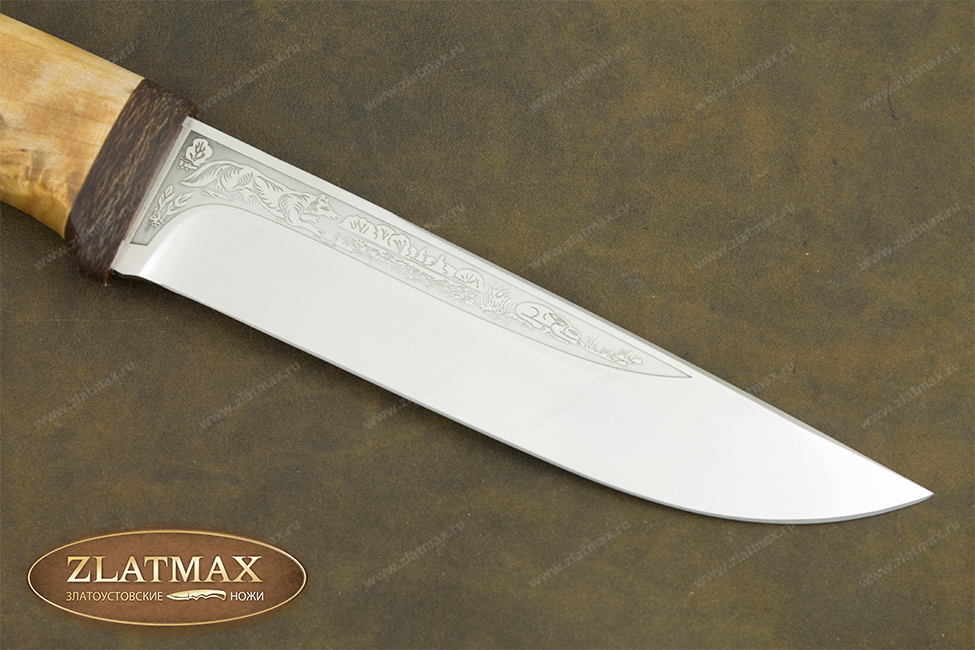 Нож Лиса с гравировкой (ELMAX, Карельская берёза, Текстолит)