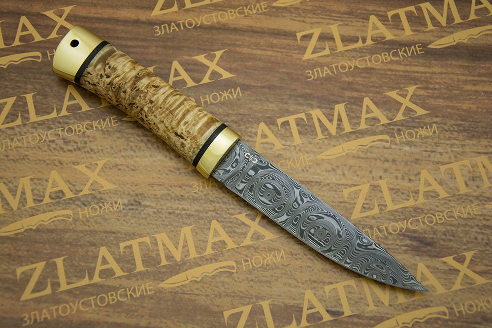 Нож Пескарь (Damasteel, Карельская берёза, Латунь)