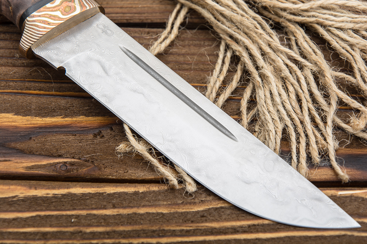 Нож Бекас (Глянцевый дамаск ZDI-1016, Стабилизированная карельская береза, Мокумэ-ганэ)