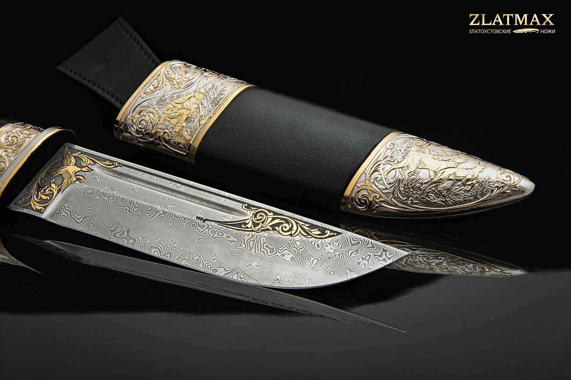 Нож Бекас подарочный «На охоте» (Дамаск ZDI-1016, Граб, Латунь, Золочение клинка гарды и тыльника)