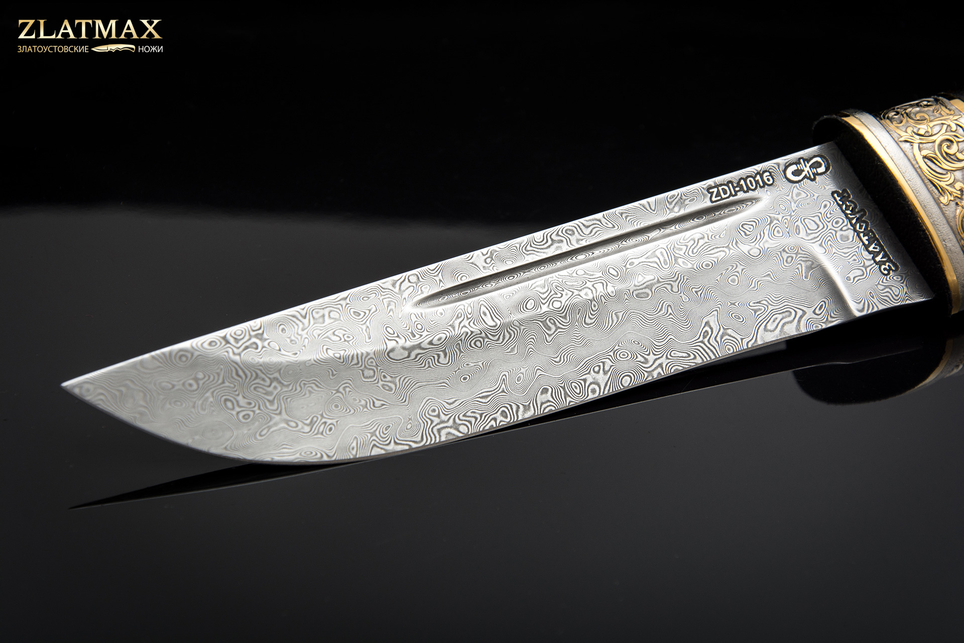 Нож Бекас подарочный «На охоте» (Дамаск ZDI-1016, Граб, Латунь, Золочение клинка гарды и тыльника)