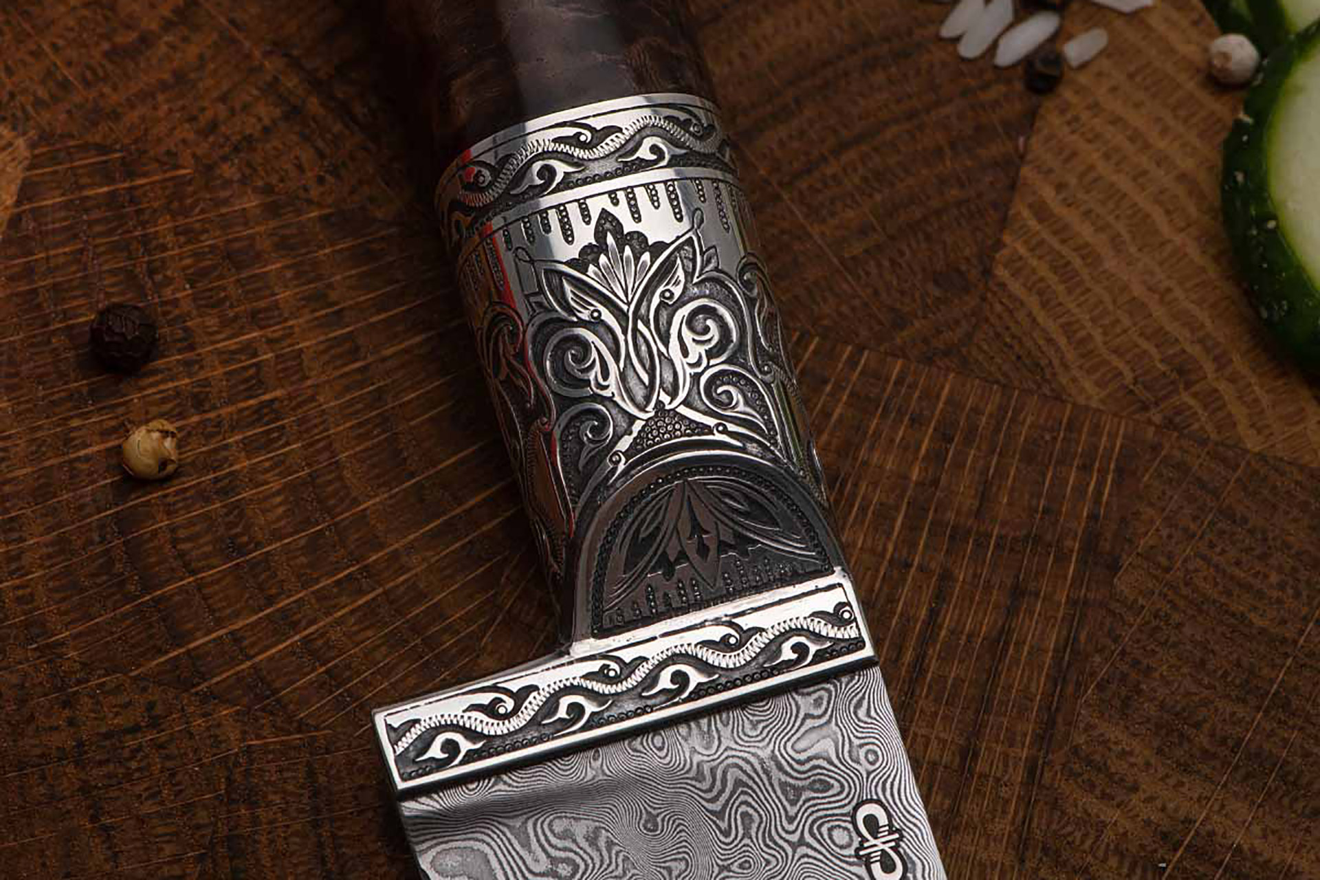 Нож Пчак подарочный (Дамаск ZDI-1016, Стабилизированная карельская береза)