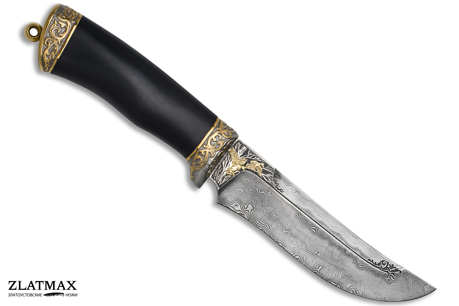 Нож Росомаха (Дамаск ZDI-1016, Граб, Золочение клинка гарды и тыльника)