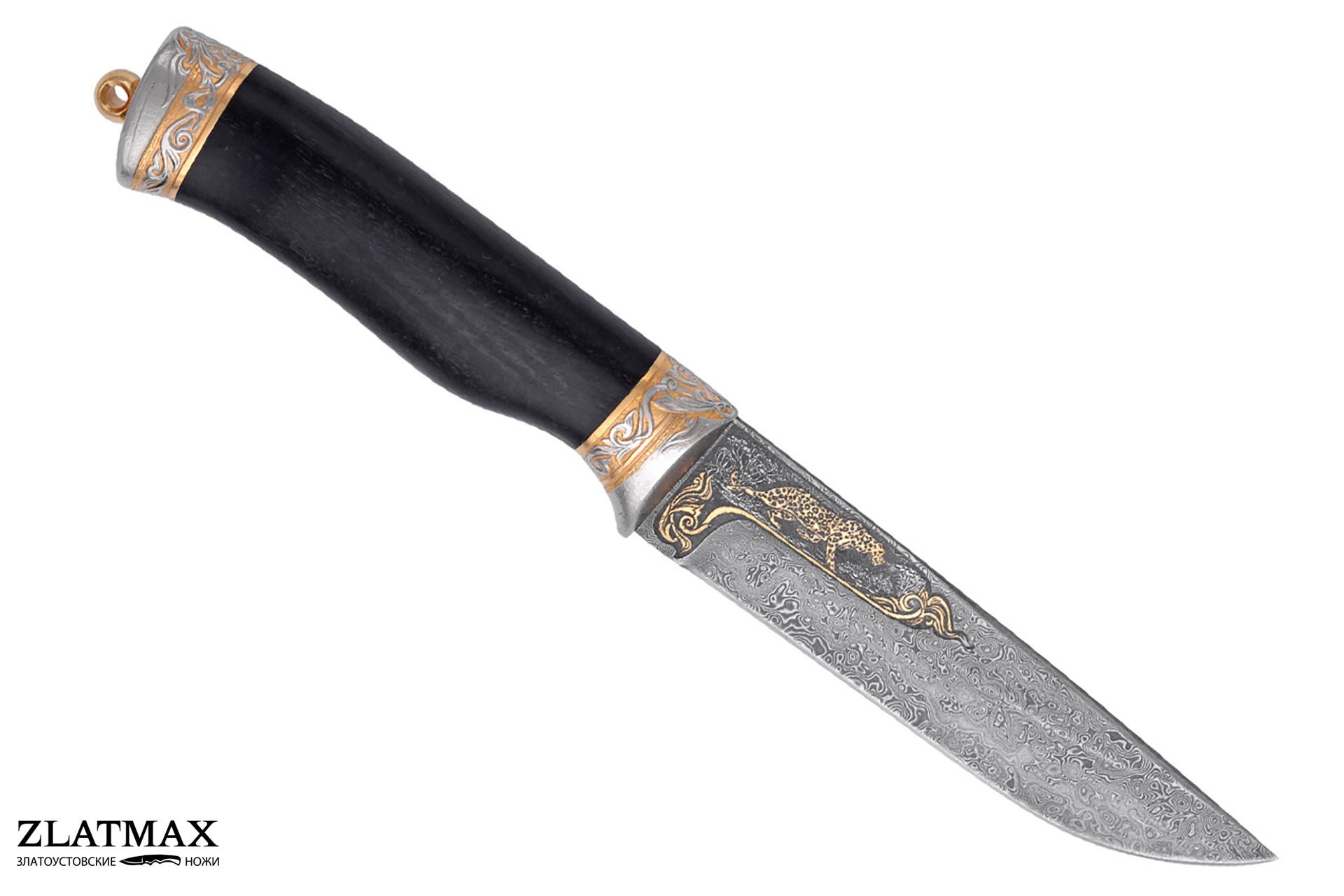 Нож Лиса украшенный (Дамаск ZDI-1016, Граб, Золочение клинка гарды и тыльника)
