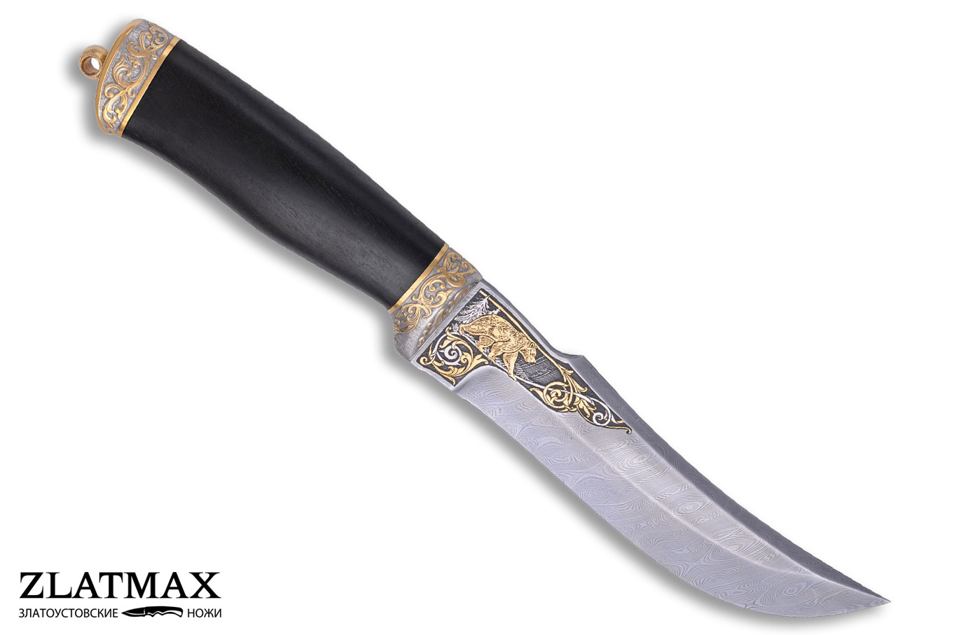 Нож подарочный Клык (Дамаск ZDI-1016, Граб, Золочение клинка гарды и тыльника)