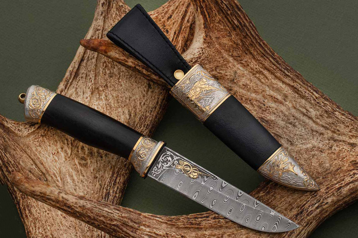 Нож Лиса украшенный «На охоте» (Дамаск ZDI-1016, Граб)