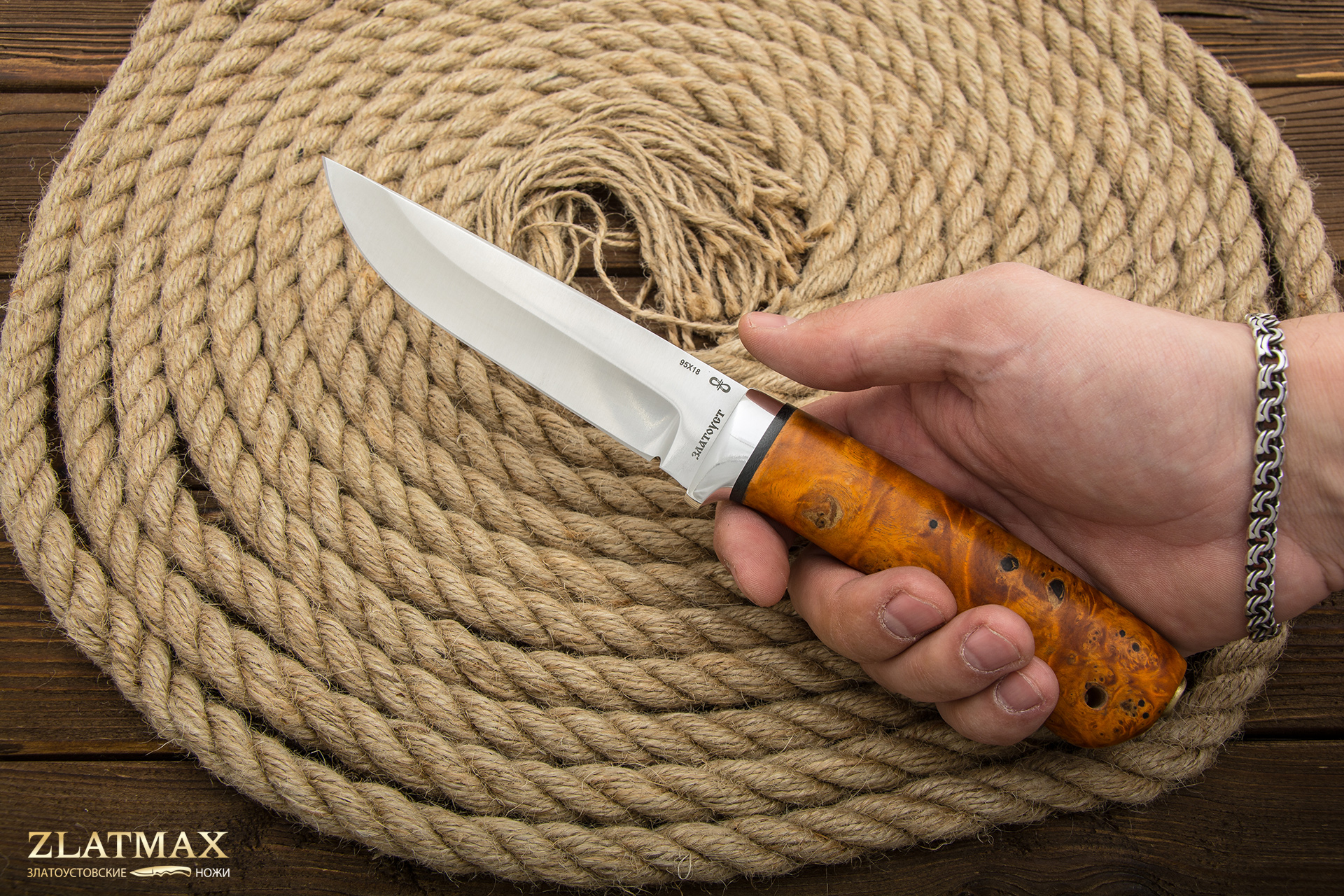 Нож Лиса (95Х18, Стабилизированный кап клёна Оранжевый, Алюминий)