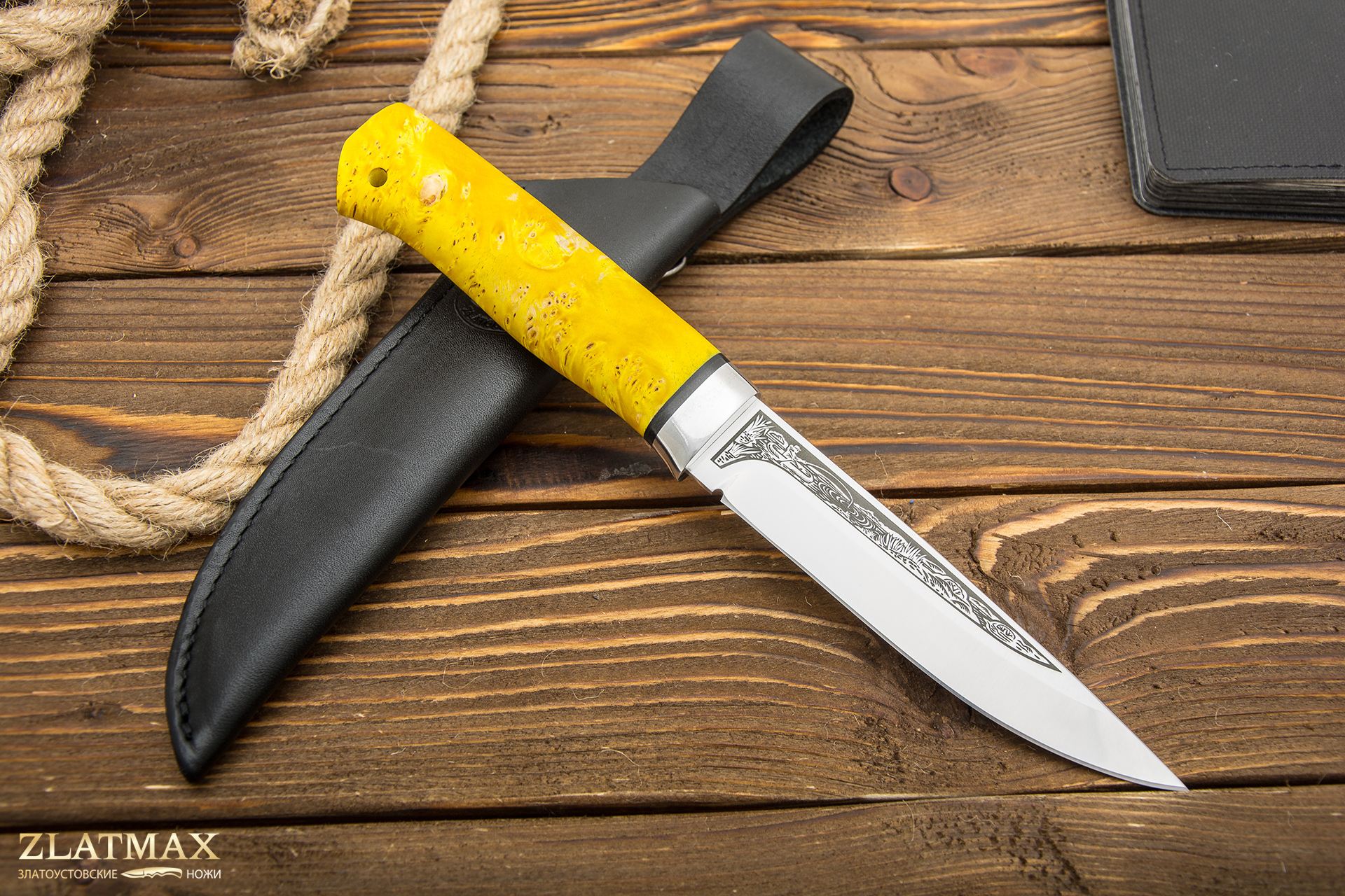 Нож Пескарь (ЭП-766, Стабилизированный кап клёна жёлтый, Алюминий)
