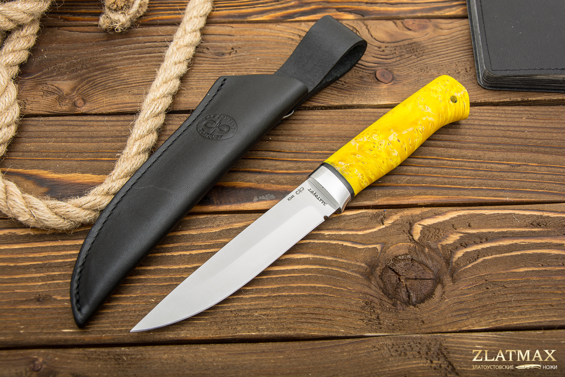 Нож Пескарь (К340, Стабилизированный кап клёна жёлтый, Алюминий) в Чебоксарах фото-01