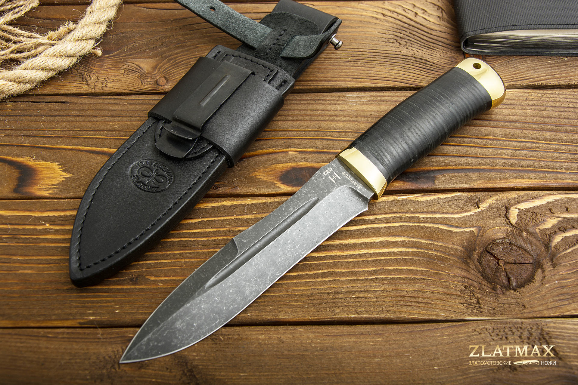 Нож Скорпион с гравировкой (100Х13М, Наборная кожа, Латунь, Обработка клинка Stonewash)