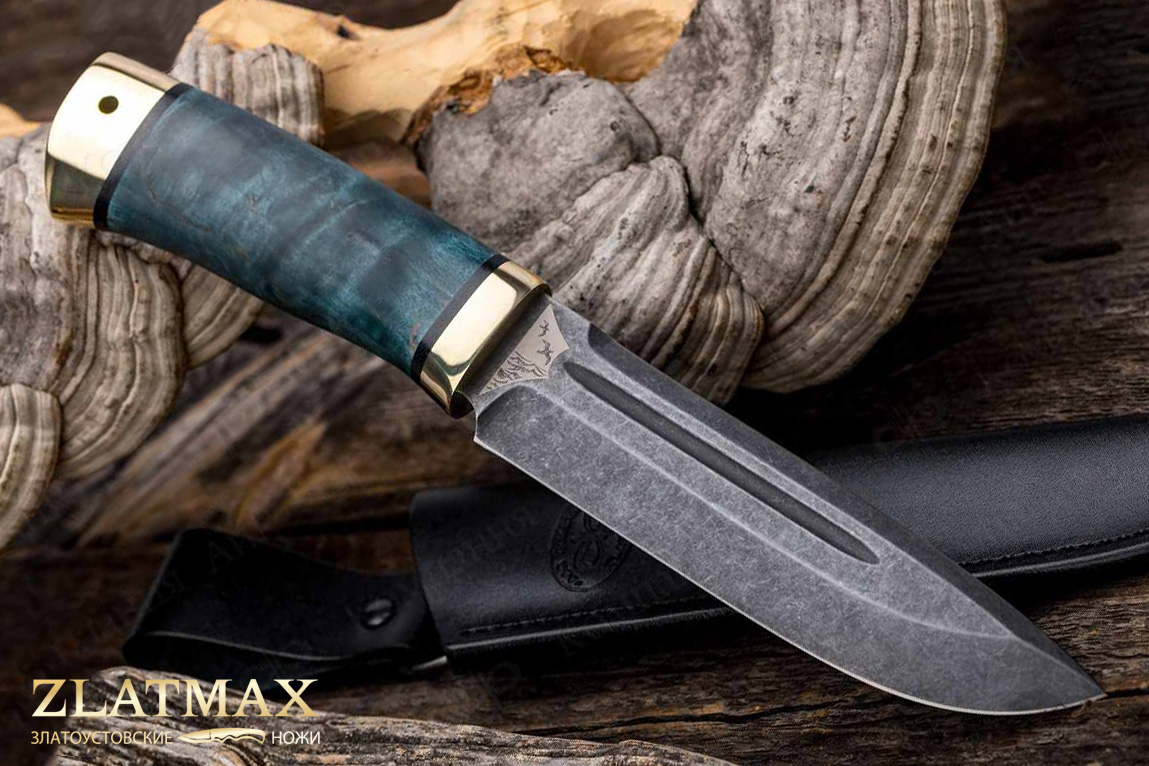 Нож Селигер (95Х18, Стабилизированная карельская береза, Латунь, Обработка клинка Stonewash)