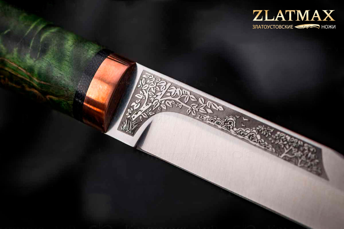 Нож Заноза (D2, Стабилизированная карельская береза зеленая, Медь)