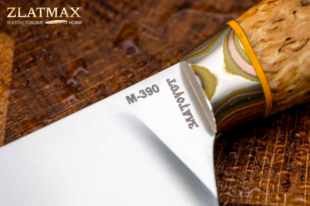 Нож Поварской (М390, Карельская берёза, Мокумэ-ганэ)