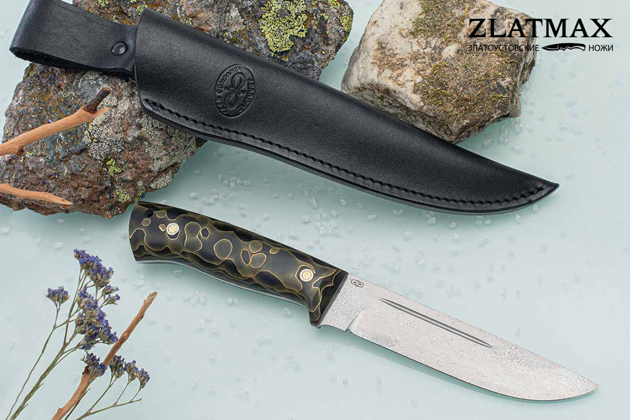 Нож Бекас ЦМ (Дамаск ZDI-1016, Композит с латунной микросеткой соты)