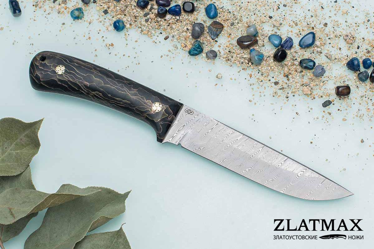 Нож Лиса ЦМ (Дамаск ZDI-1016, Композит с латунной и бронзовой микросеткой волны)
