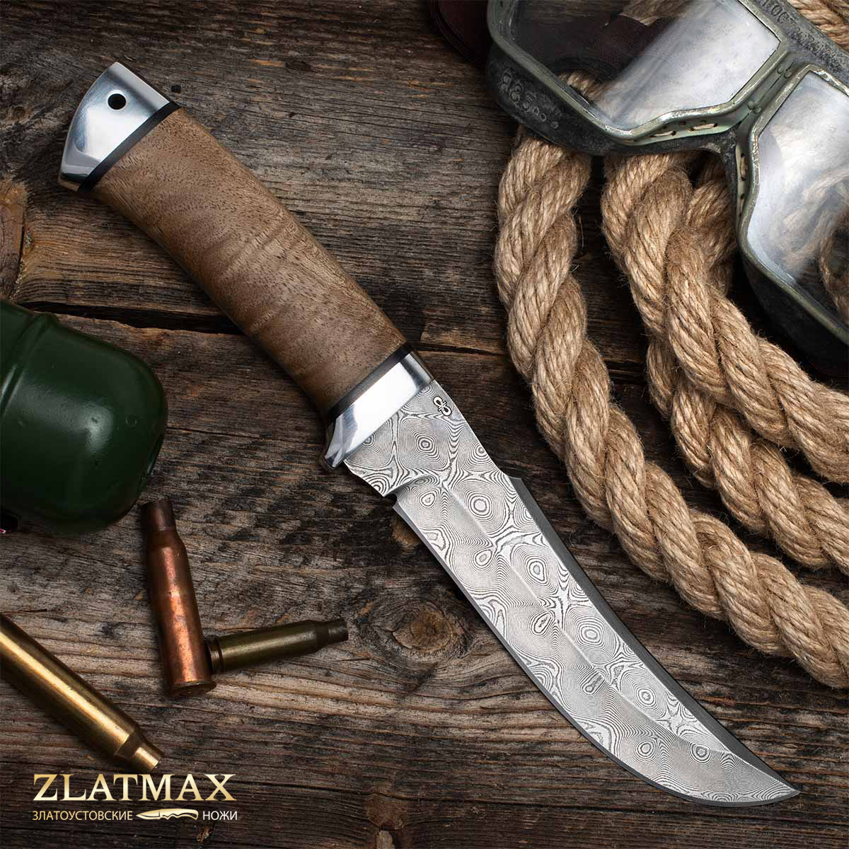 Нож Клык (Дамаск ZDI-1016, Орех, Алюминий)