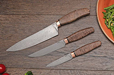 Кухонные ножи купить в Хабаровске: Набор кухонных ножей Поварской-3 (Дамаск ZDI-1016, Стабилизированная карельская береза коричневая, Медь)