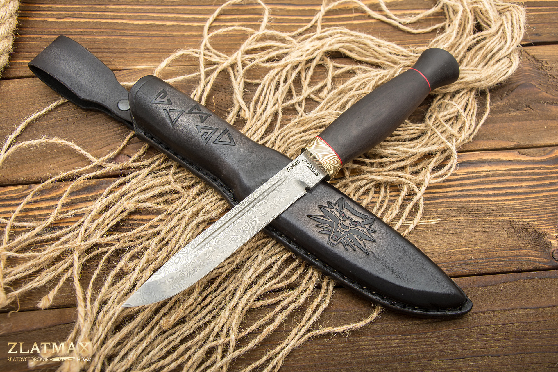 Нож Финка-3 c формованными ножнами (Дамаск ZDI-1016, Граб, Мокумэ-ганэ, Текстолит)