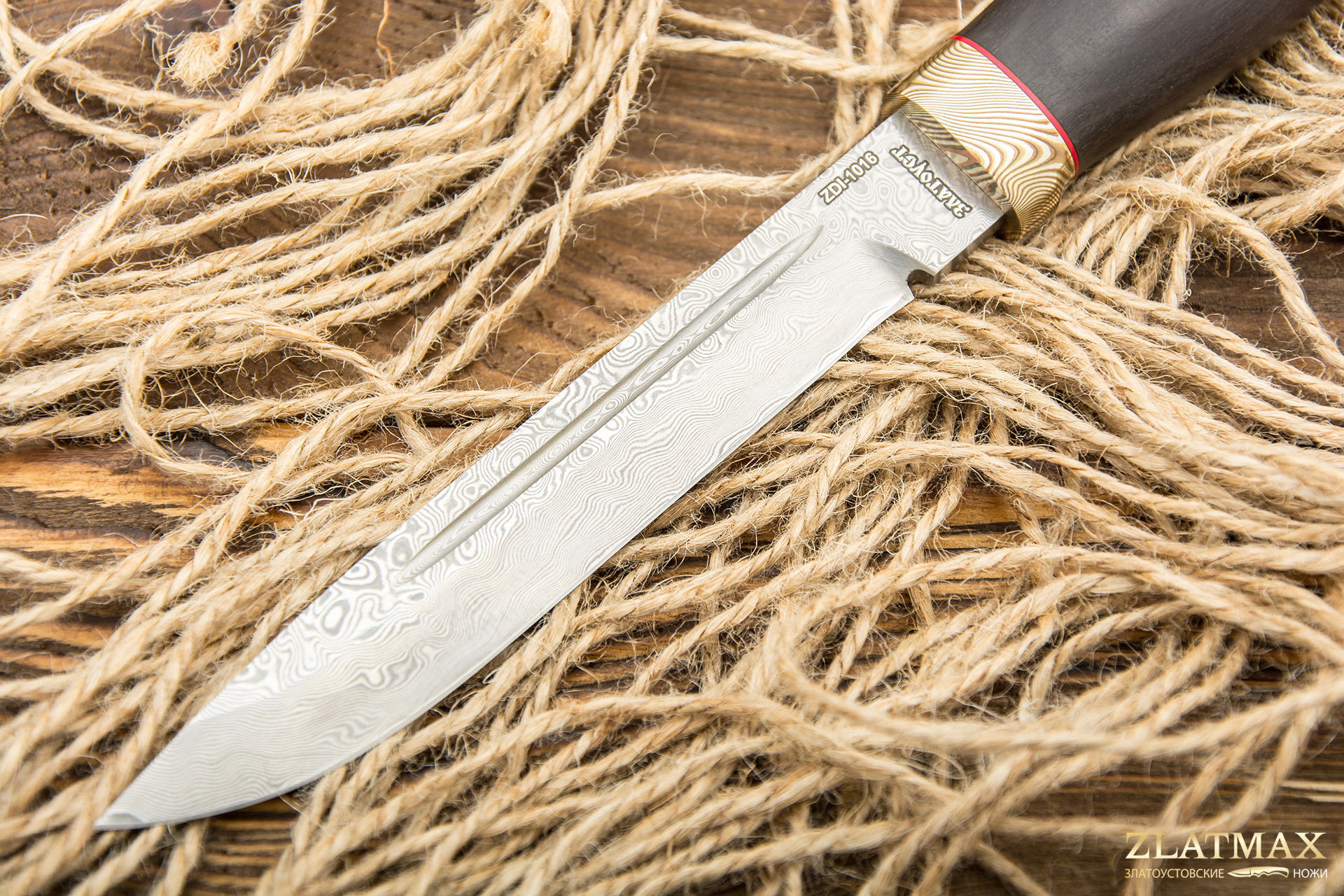 Нож Финка-3 c формованными ножнами (Дамаск ZDI-1016, Граб, Мокумэ-ганэ, Текстолит)