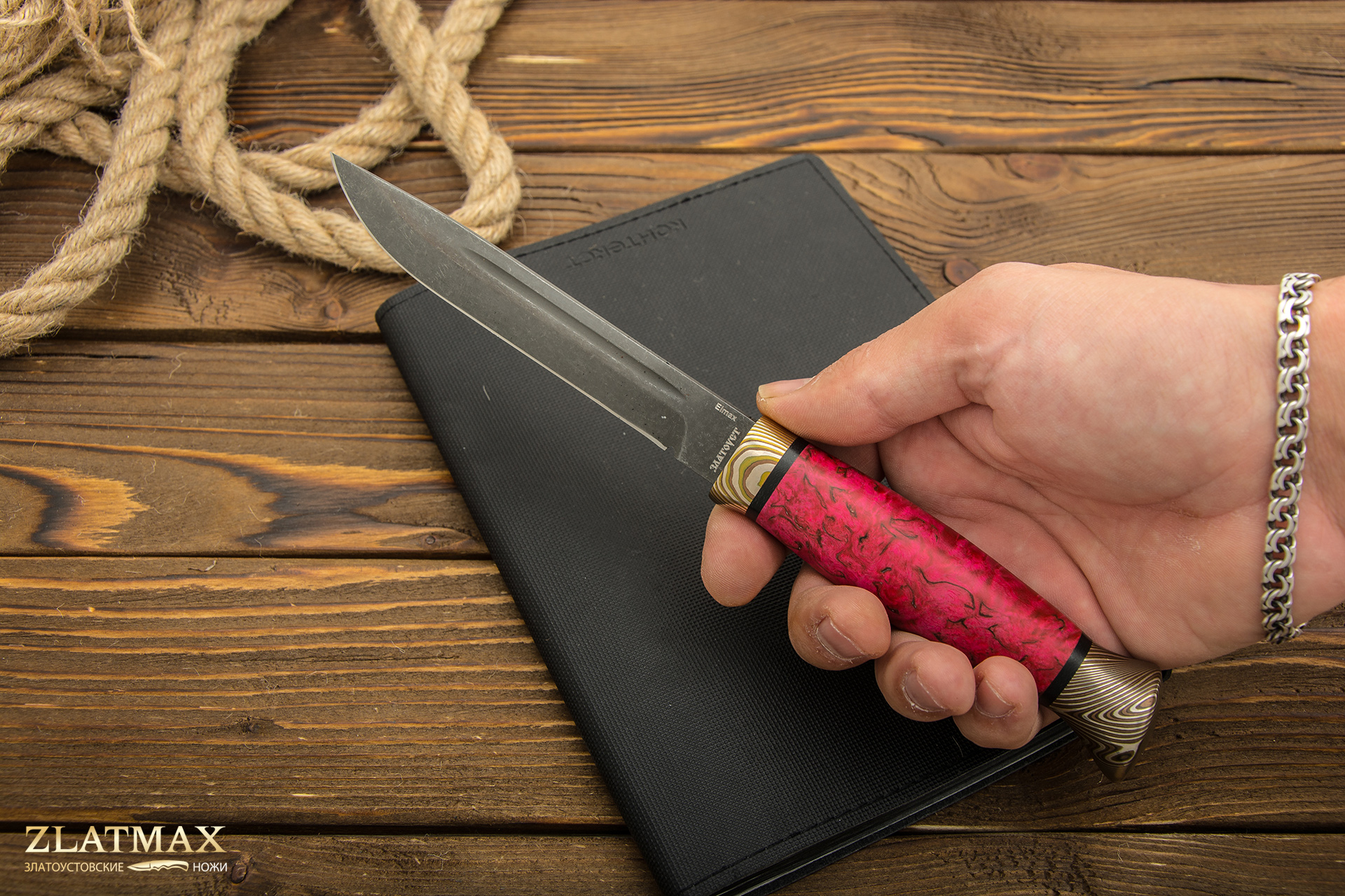 Нож Финка-3 c формованными ножнами (ELMAX, Стабилизированная карельская береза красная, Мокумэ-ганэ, Обработка клинка Stonewash)