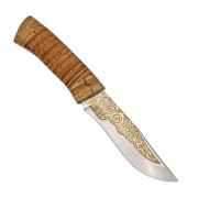 Разделочные ножи | страница-5: Нож Клычок-3 (95Х18, Наборная береста, Берёзовый кап, Золочение рисунка на клинке)