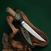 Ножи из стали CPR – оптимальное сочетание надежности и доступности: Нож Финка Нью (CPR, Наборная: стабилизированный граб+стабилизированный кап клена зеленый+фибра синяя, Алюминий)