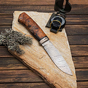 Ножи из дамаска ZDI-1016 купить в Красноярске: Нож Пилигрим (Дамаск ZDI-1016, Стабилизированный березовый кап, Мокумэ-ганэ)