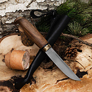 Ножи по маркам стали купить в Владивостоке: Нож Финка Lappi (ЭП-766, Ореховый кап, Мокумэ-ганэ, Пескоструйная обработка Sandwave)