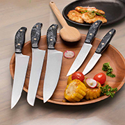 Кухонные ножи купить в Хабаровске: Набор кухонных ножей Поварской-5 ЦМ (Дамаск ZDI-1016, Композит, алюминиевая микросетка волны)