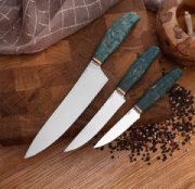 Кухонные ножи купить в Хабаровске: Набор кухонных ножей Поварской-3 (95Х18, Стабилизированная карельская береза зеленая, Мокумэ-ганэ)