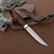 Ножи по маркам стали купить в Владивостоке: Нож Финка Сканди Мини (D2, Стабилизированный кап тополя оранжевый, Латунь)