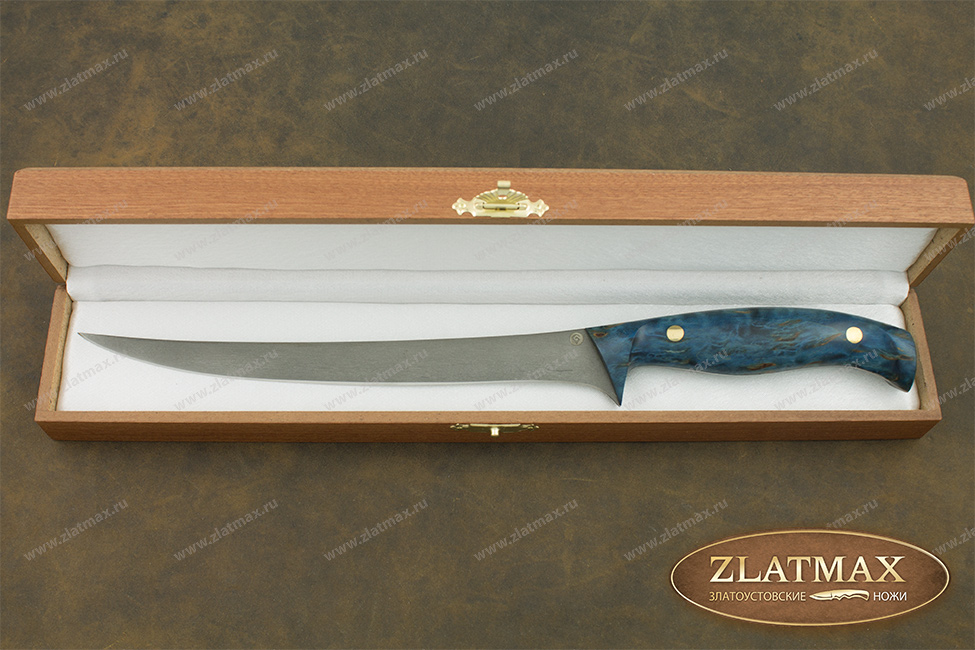 Нож K002 филейный рыбный (Литой булат, Накладки стабилизированная карельская береза)