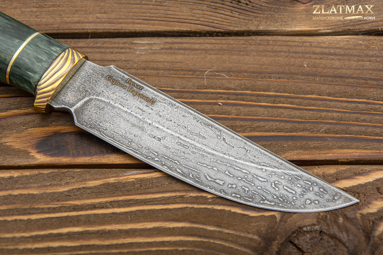 Нож T003 (Литой булат, Стабилизированная карельская береза, Мокумэ-ганэ)