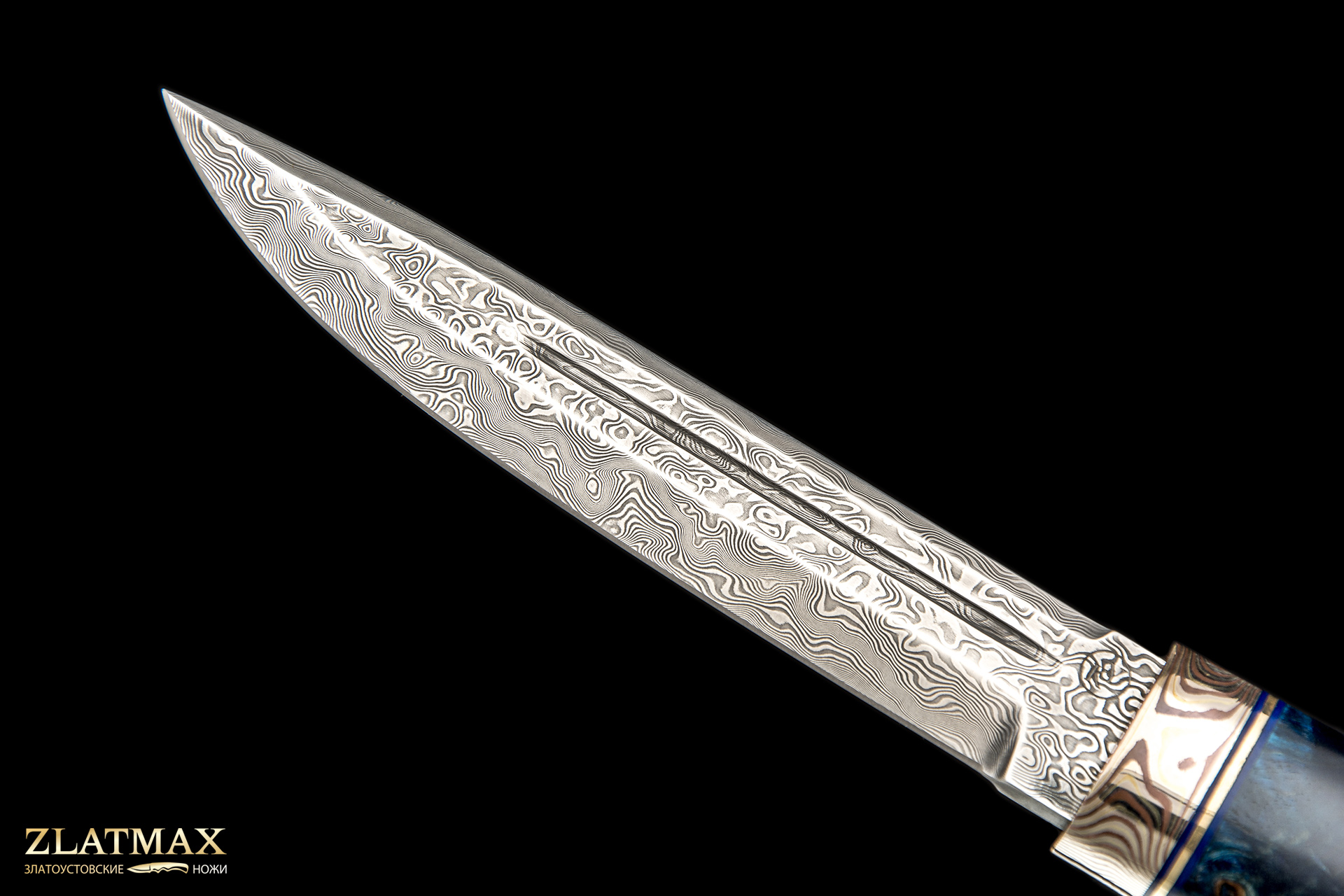 Нож Финка Техно (Нержавеющий дамаск, Стабилизированная карельская береза синяя, Мокумэ-ганэ)