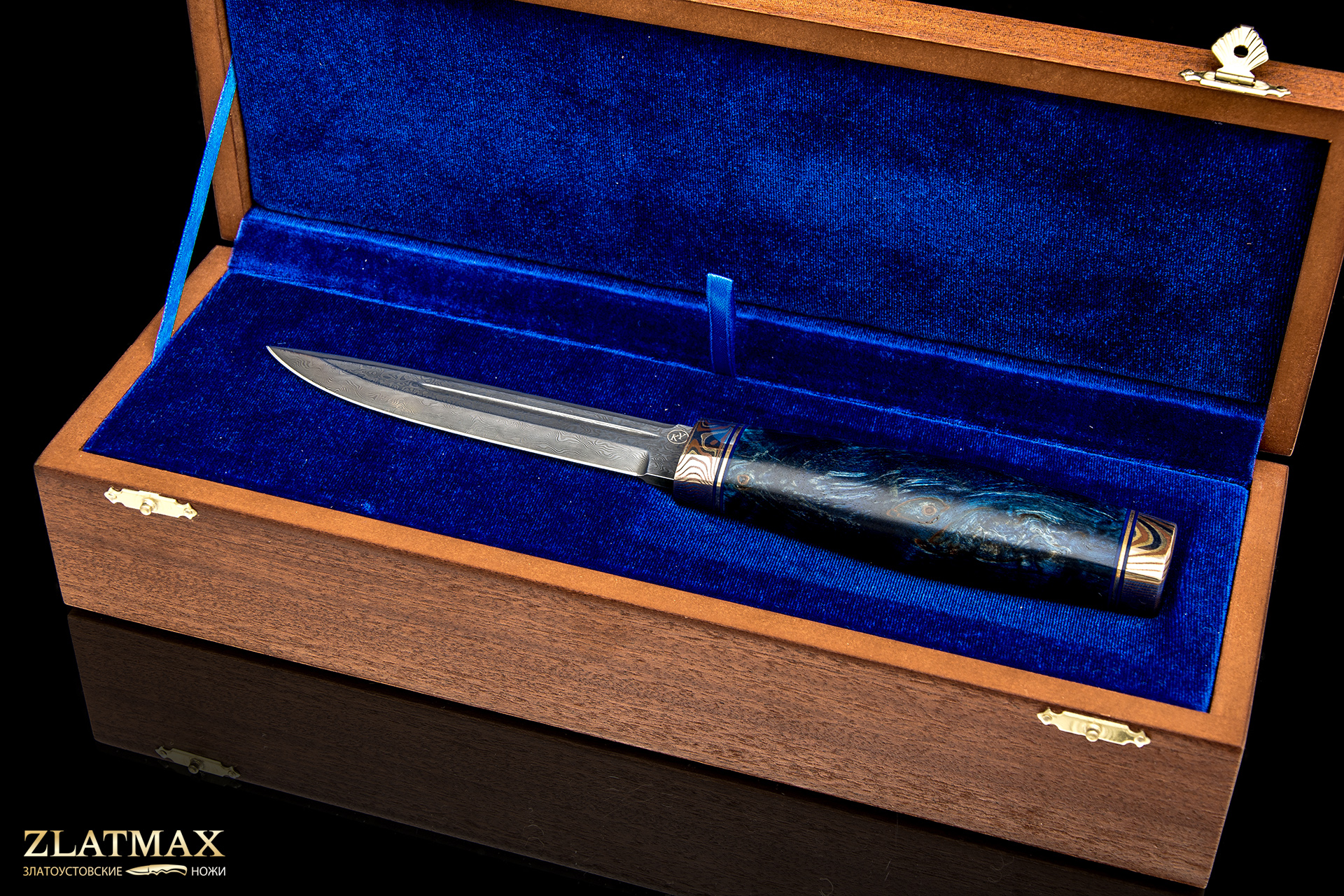 Нож Финка Техно (Нержавеющий дамаск, Стабилизированная карельская береза синяя, Мокумэ-ганэ)