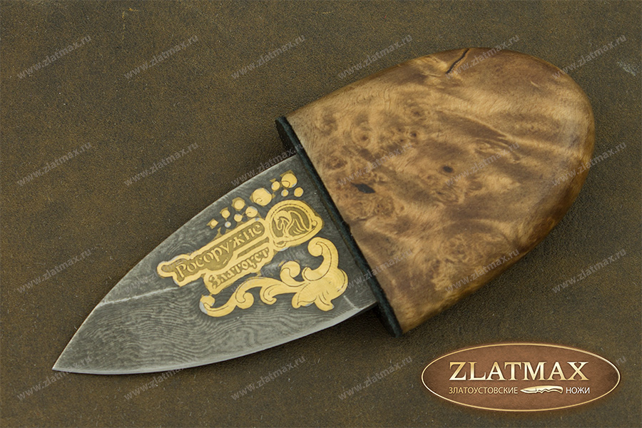 Нож-брелок 3 v2 (Дамаск, Берёзовый кап, Золочение рисунка на клинке)