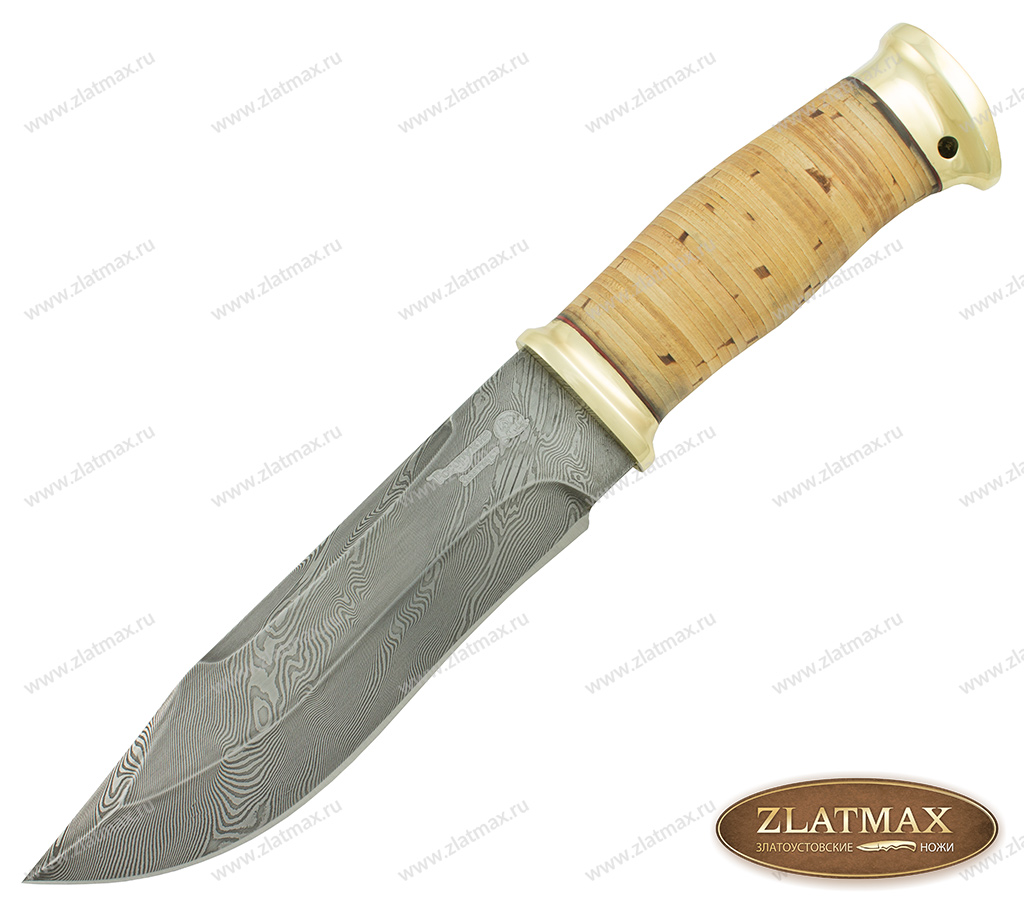 Нож Тайга (Дамаск, Наборная береста, Латунь)