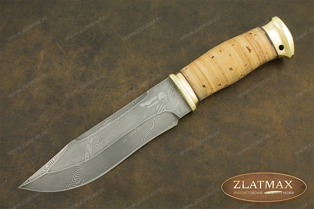 Нож Тайга (Дамаск, Наборная береста, Латунь)