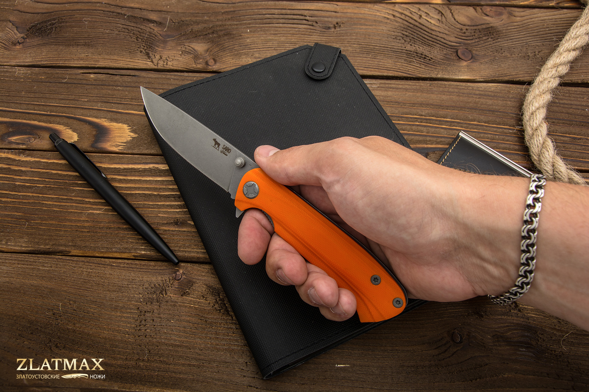 Нож Складной Чиж (K110 Böhler, Накладки G10 Оранжевый, Обработка клинка Stonewash)