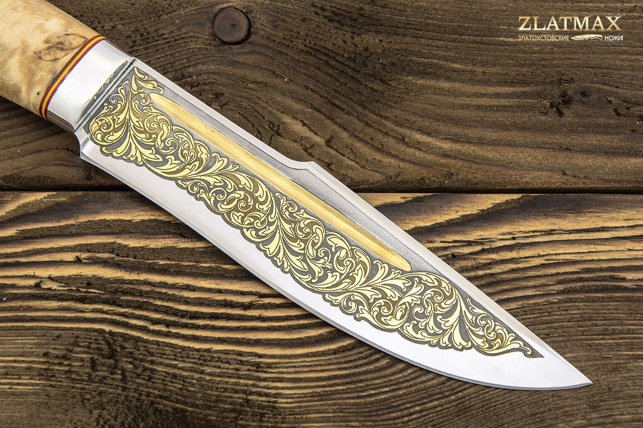 Нож Хищник (95Х18, Карельская берёза, Алюминий, Золочение клинка)