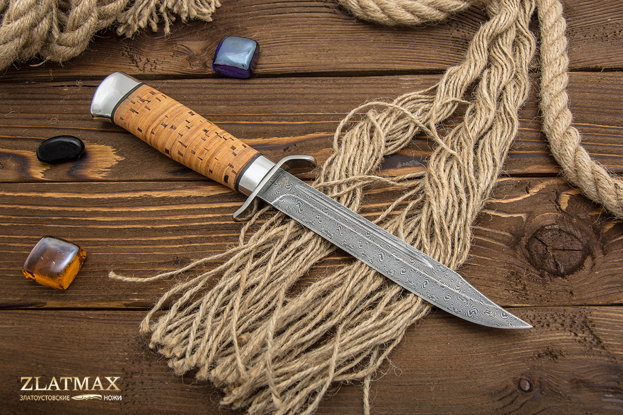 Нож Разведчика (Дамаск ZDI-1016, Наборная береста, Нержавеющая сталь, Алюминий)