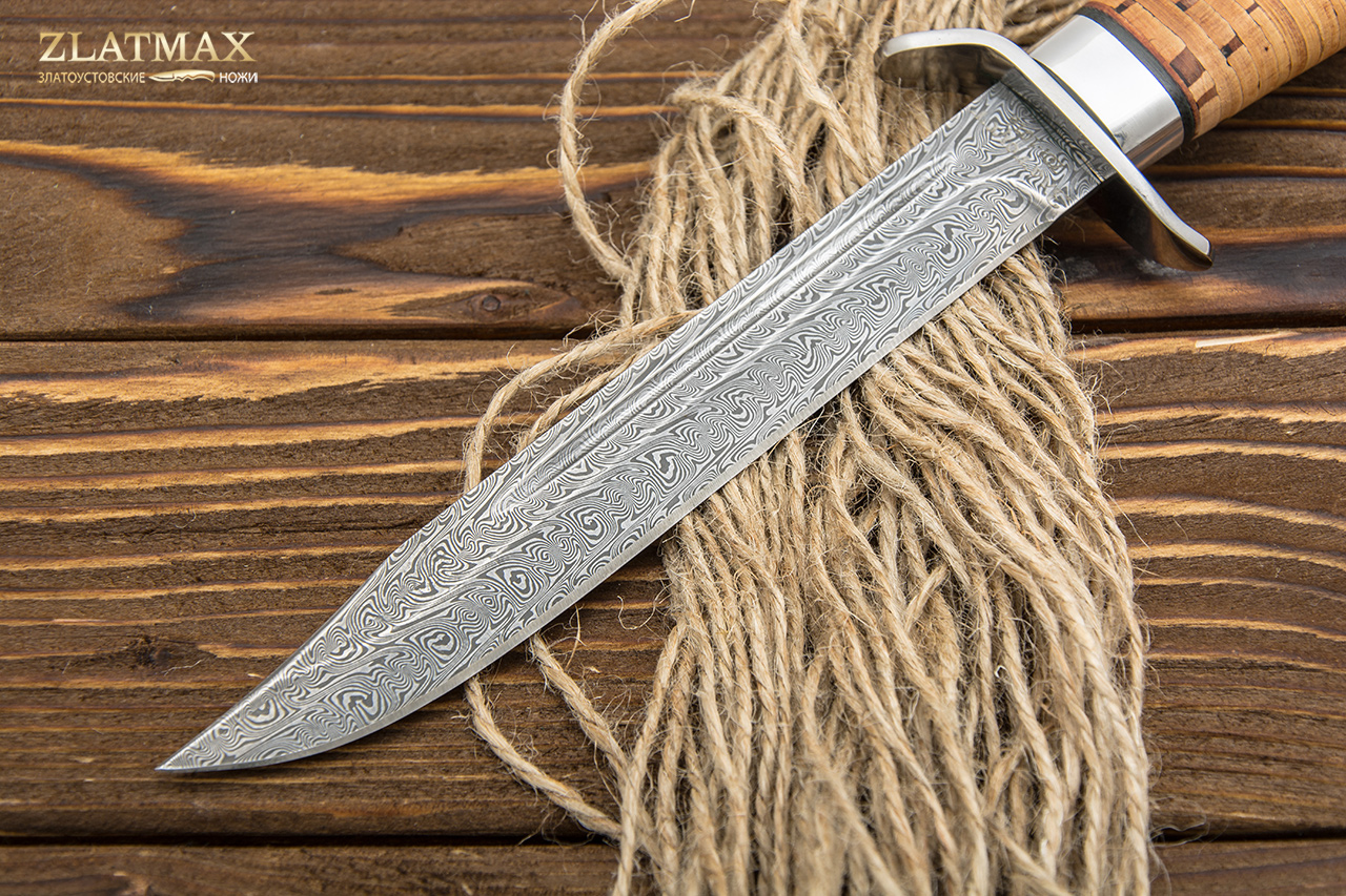 Нож Разведчика (Дамаск ZDI-1016, Наборная береста, Нержавеющая сталь, Алюминий)