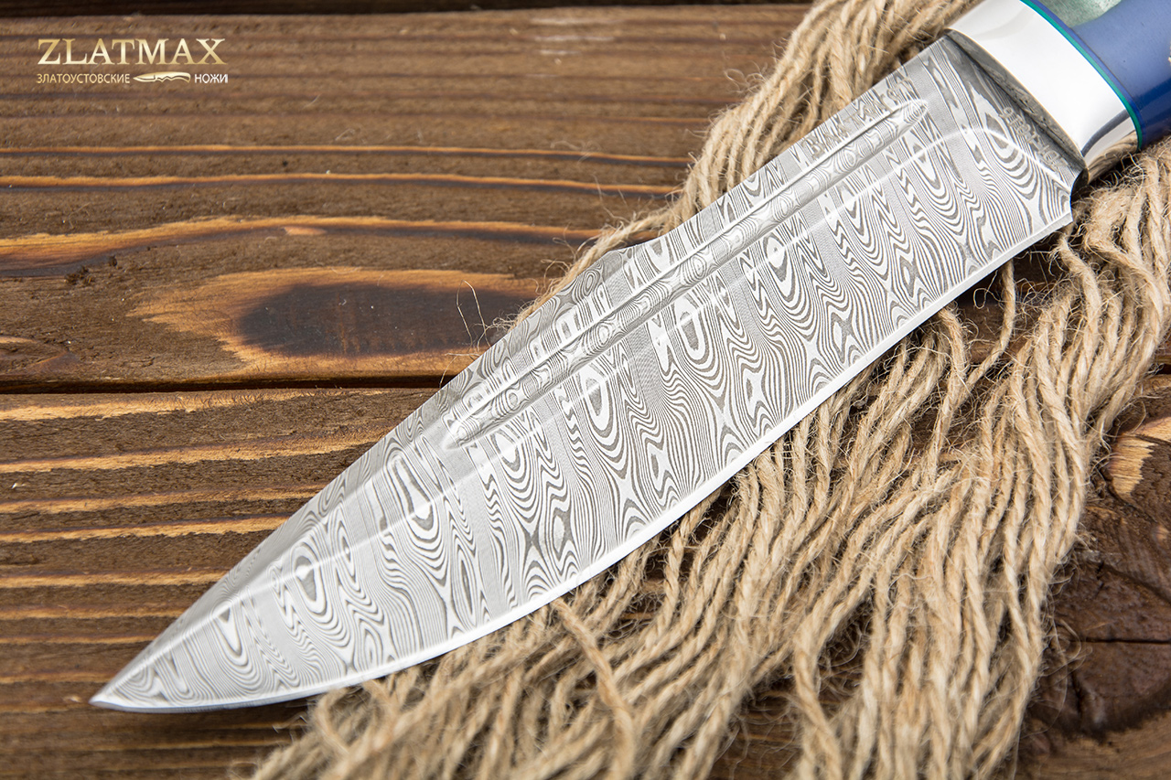 Нож Хищник (Дамаск ZDI-1016, Стабилизированная карельская береза, Алюминий)