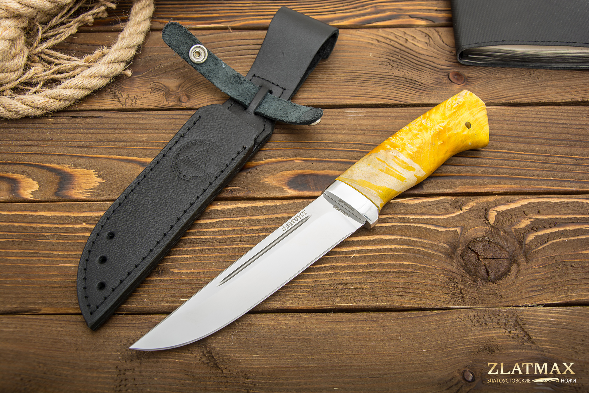 Нож Куница (110Х18М-ШД, Стабилизированный кап клёна жёлтый, Алюминий)